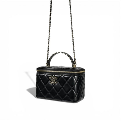 Chanel Quilted Vanity Case with Top Handle and Mirror – Black and Gold ✨🖤