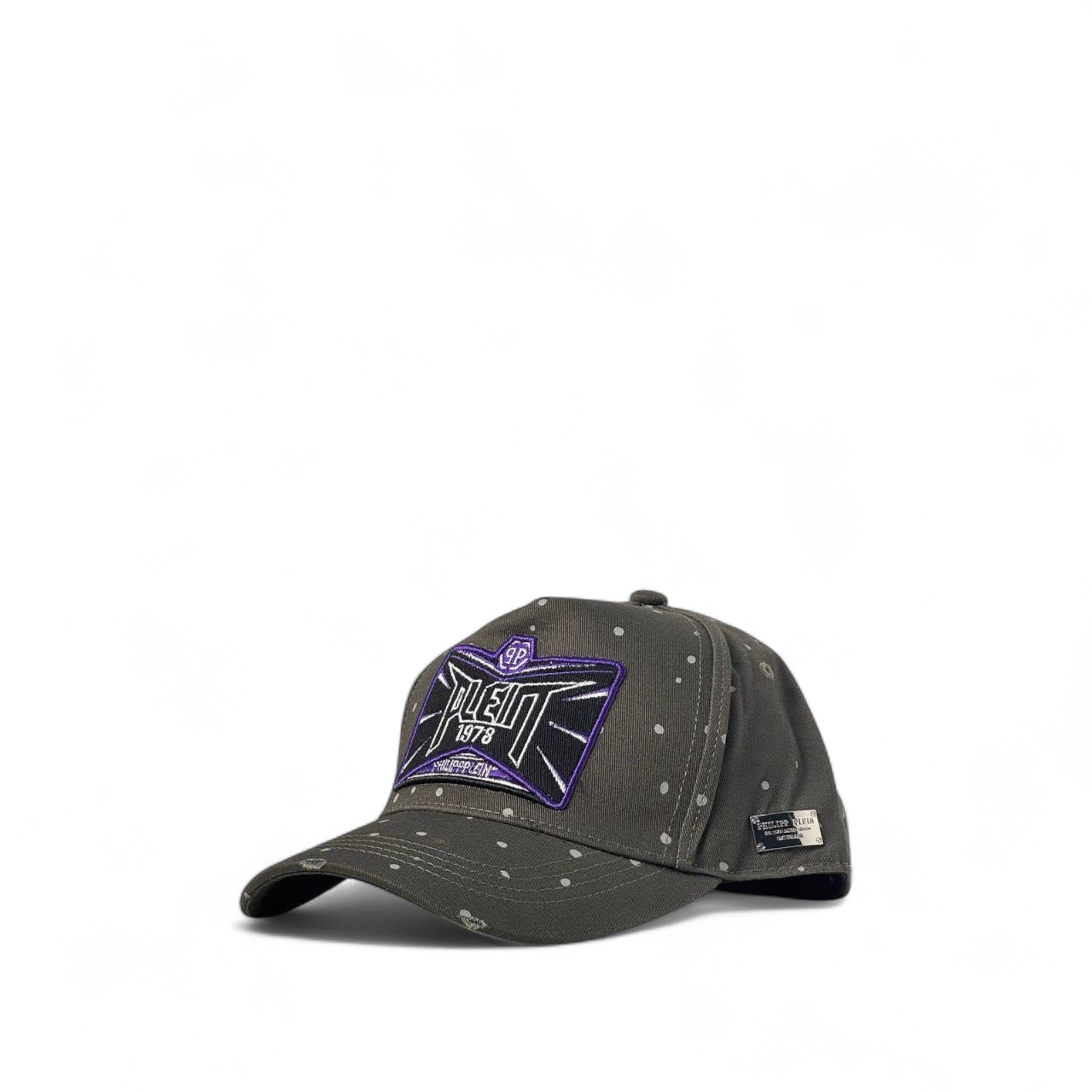 🟣 Philipp Plein Star Cap – Distressed Black with Purple Logo Patch 🧢