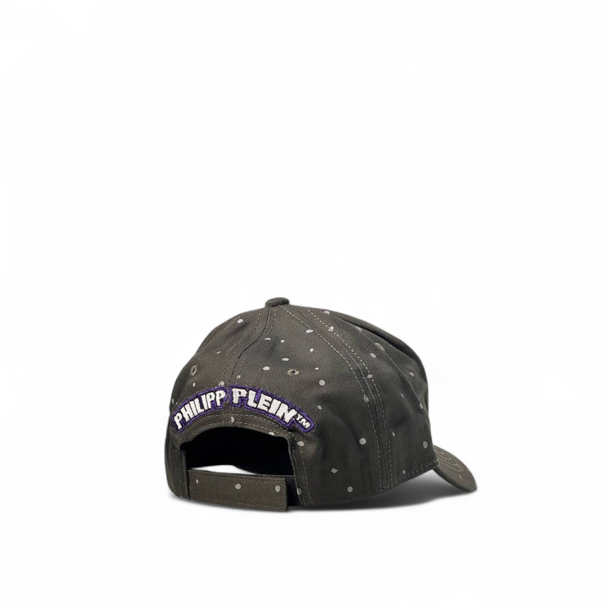 🟣 Philipp Plein Star Cap – Distressed Black with Purple Logo Patch 🧢