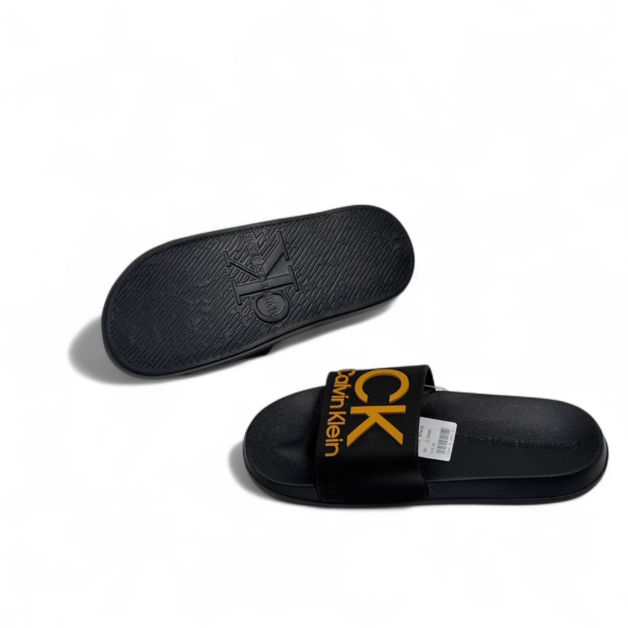 ✨ Calvin Klein Black Slides – Golden CK Logo Slippers
