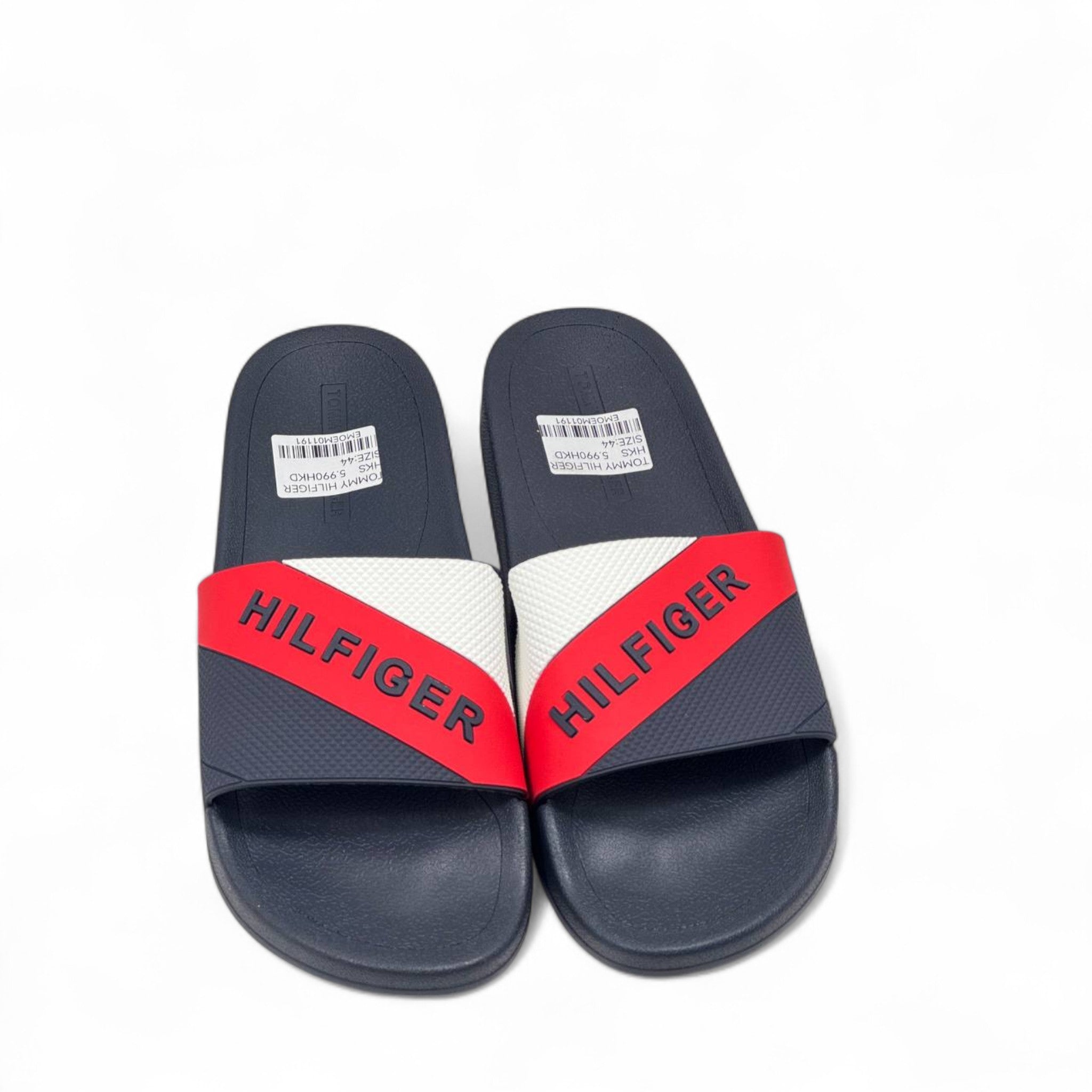 Tommy Hilfiger Navy Slides – Diagonal Red & White Strap Logo