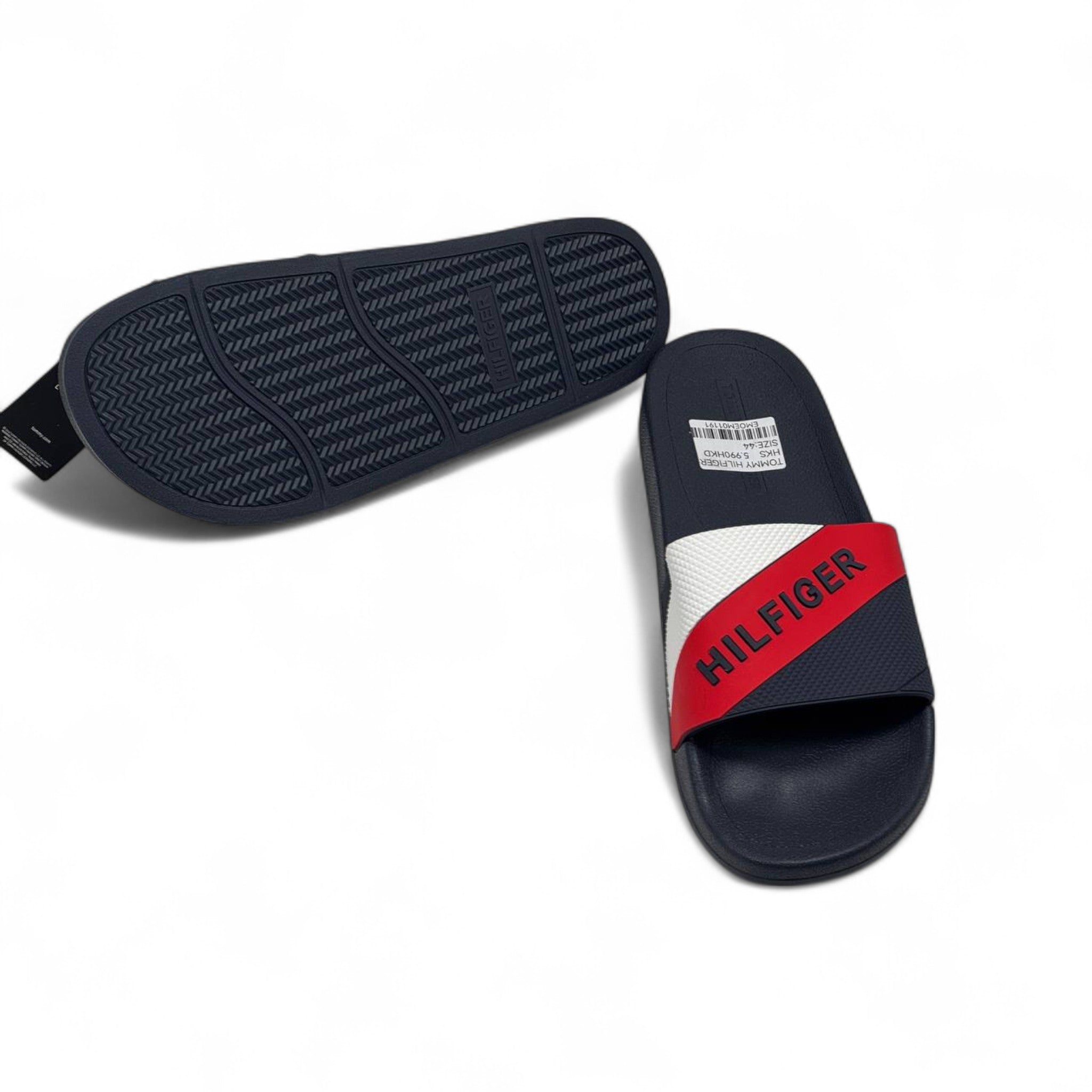 Tommy Hilfiger Navy Slides – Diagonal Red & White Strap Logo