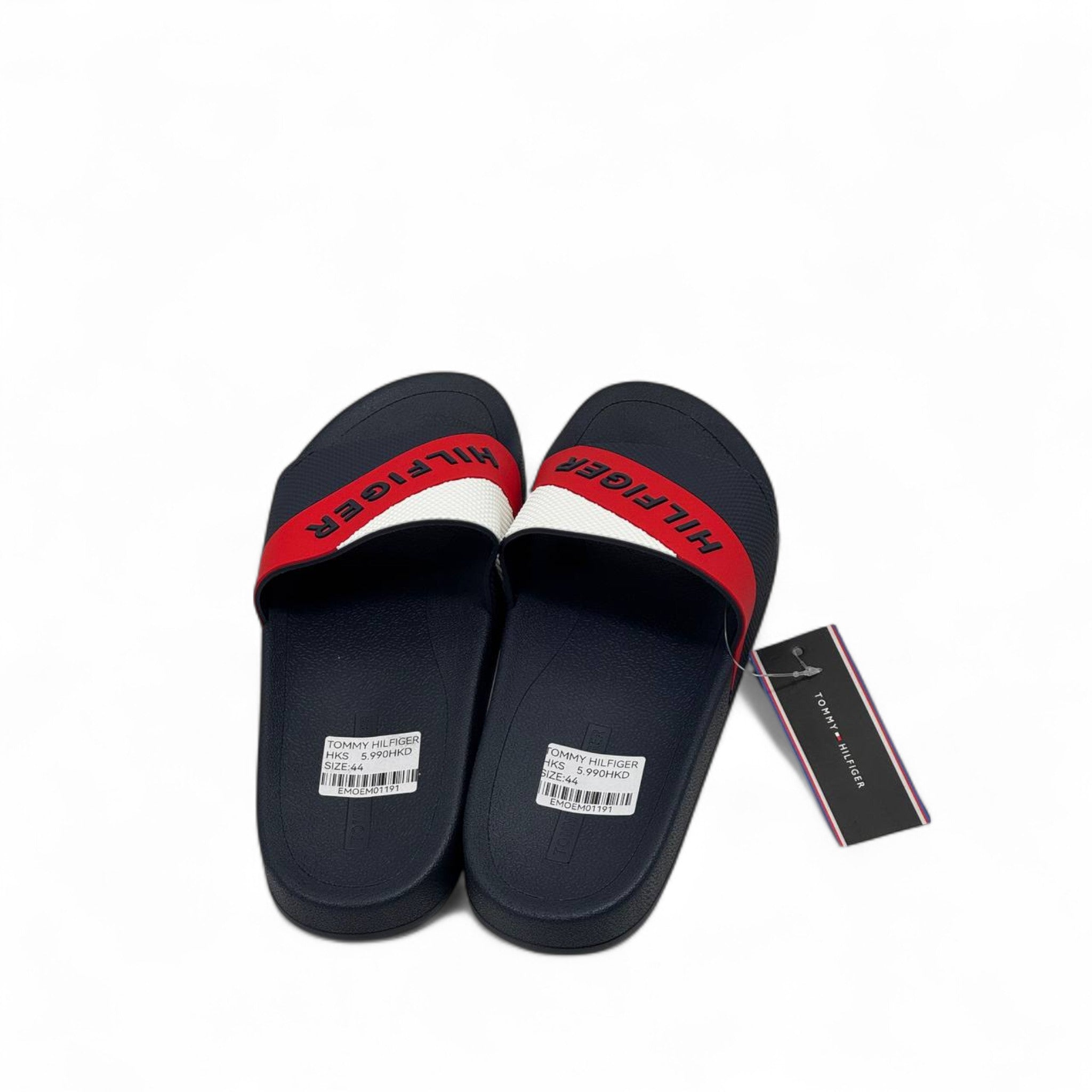 Tommy Hilfiger Navy Slides – Diagonal Red & White Strap Logo