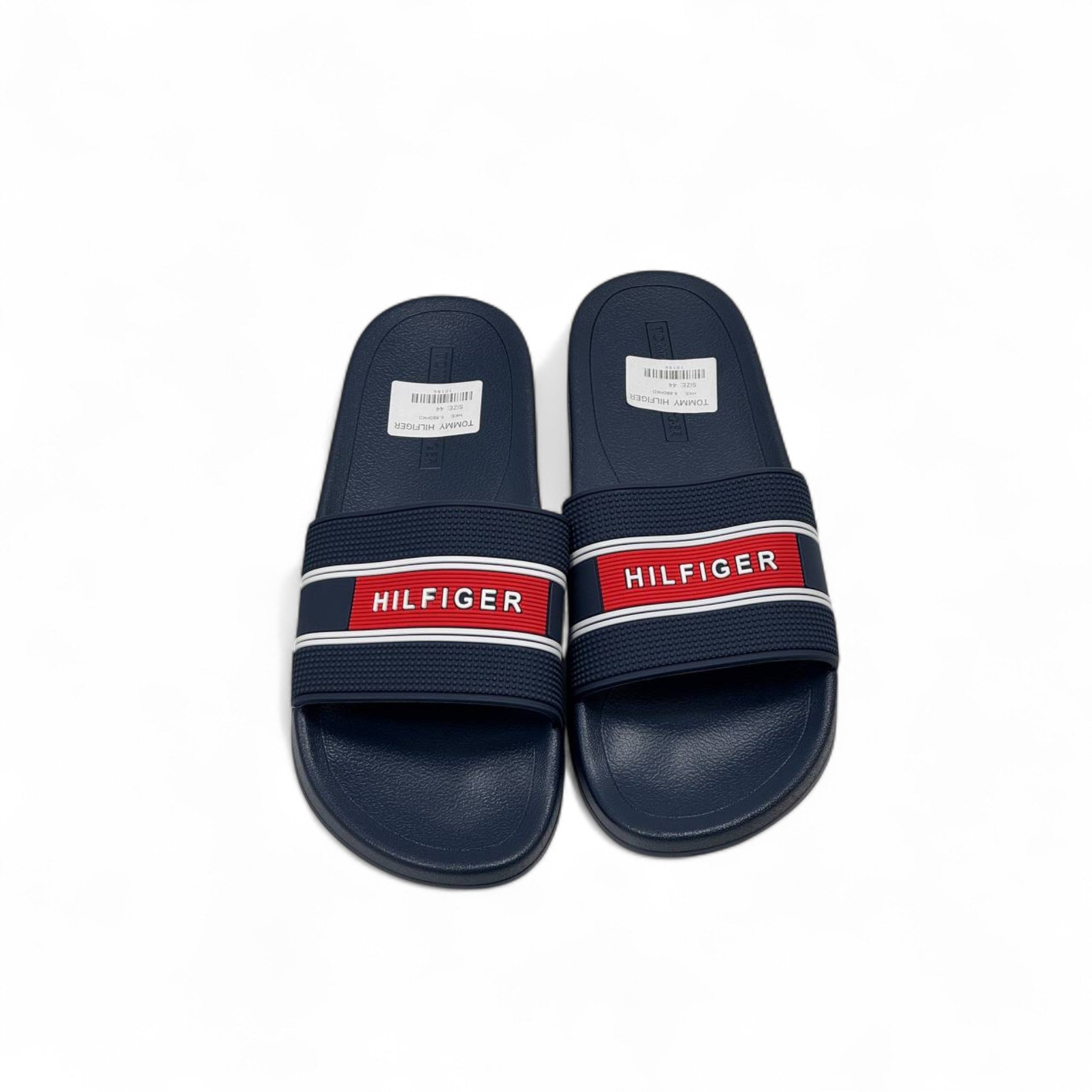 Tommy Hilfiger Navy Slides – Red & White Stripe Band Logo
