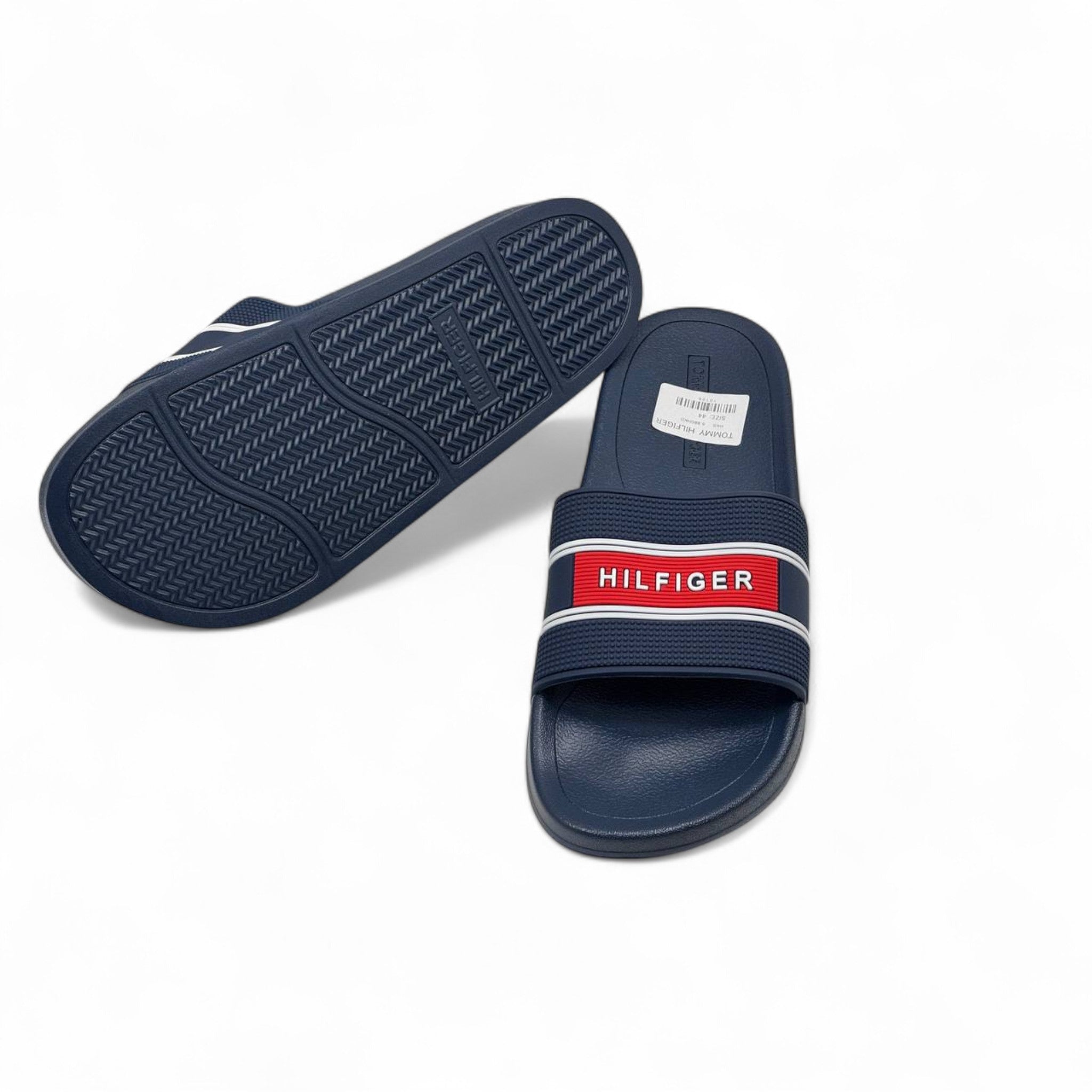 Tommy Hilfiger Navy Slides – Red & White Stripe Band Logo