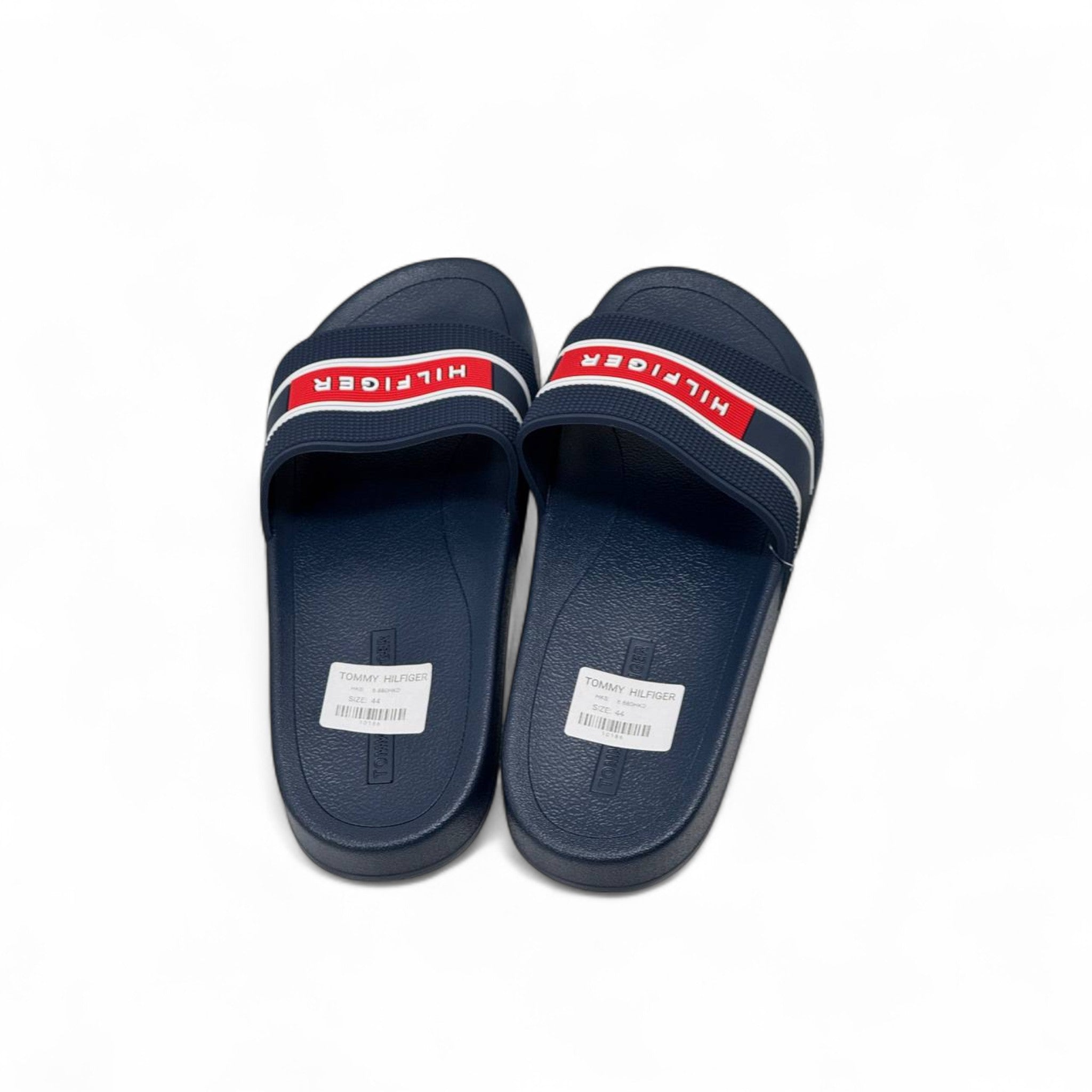 Tommy Hilfiger Navy Slides – Red & White Stripe Band Logo