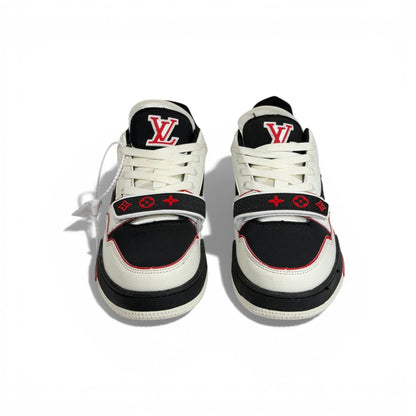 🔥 Louis Vuitton Luxury Low-Top Sneakers – Black, White & Red Iconic Style 👟❤️‍🔥