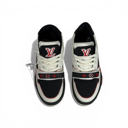 🔥 Louis Vuitton Luxury Low-Top Sneakers – Black, White & Red Iconic Style 👟❤️‍🔥