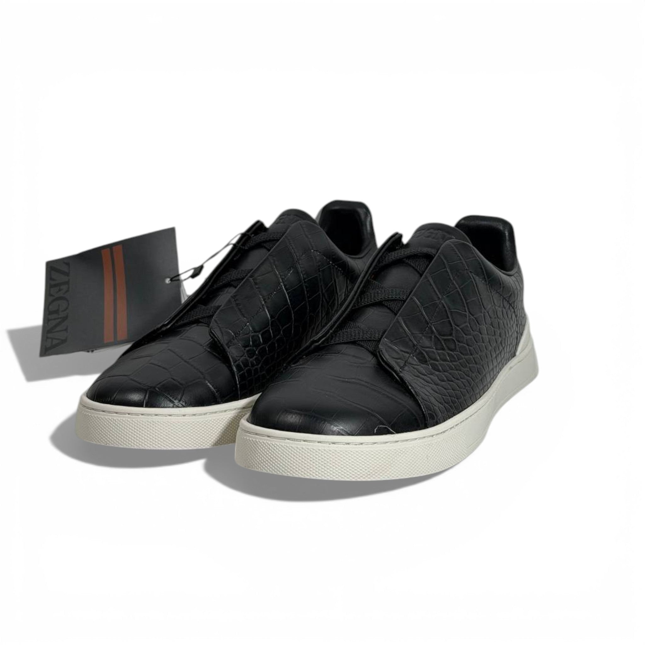 🖤✨ Zegna Luxury Croc-Embossed Sneakers – Black with White Sole 👟🔥