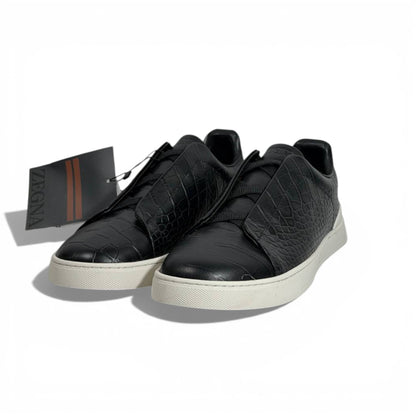 🖤✨ Zegna Luxury Croc-Embossed Sneakers – Black with White Sole 👟🔥