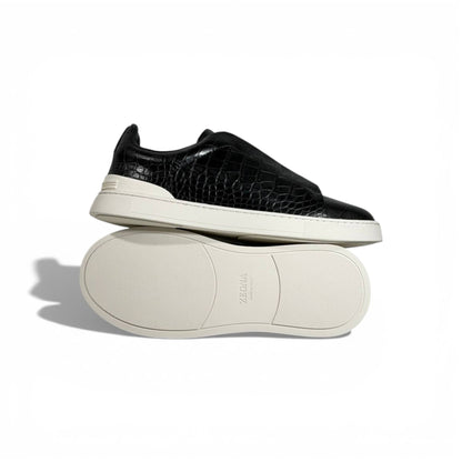 🖤✨ Zegna Luxury Croc-Embossed Sneakers – Black with White Sole 👟🔥