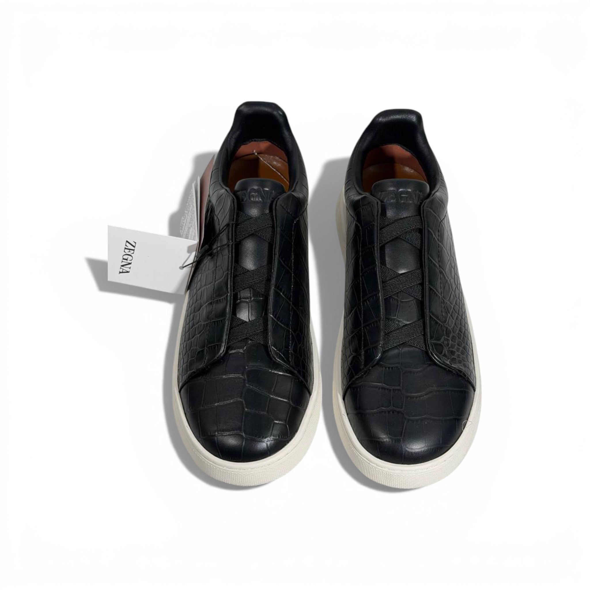 🖤✨ Zegna Luxury Croc-Embossed Sneakers – Black with White Sole 👟🔥