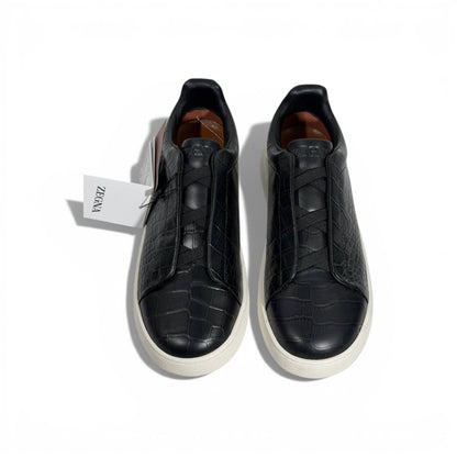 🖤✨ Zegna Luxury Croc-Embossed Sneakers – Black with White Sole 👟🔥