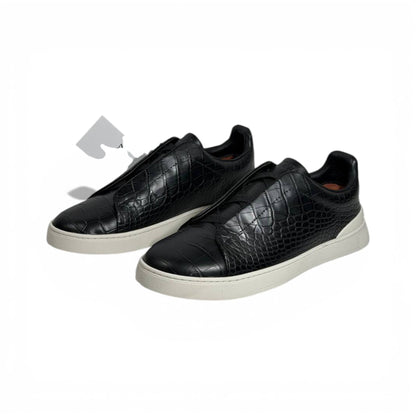 🖤✨ Zegna Luxury Croc-Embossed Sneakers – Black with White Sole 👟🔥