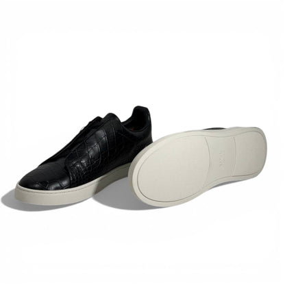 🖤✨ Zegna Luxury Croc-Embossed Sneakers – Black with White Sole 👟🔥