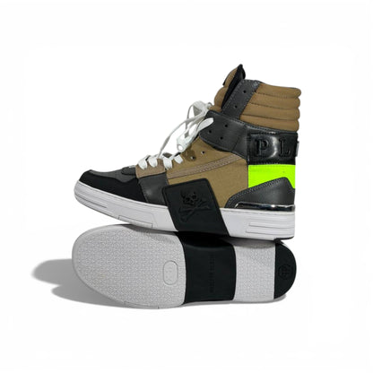 👟 Philipp Plein Khaki Neon High-Top Sneakers – Urban Luxury Edge ⚡💚