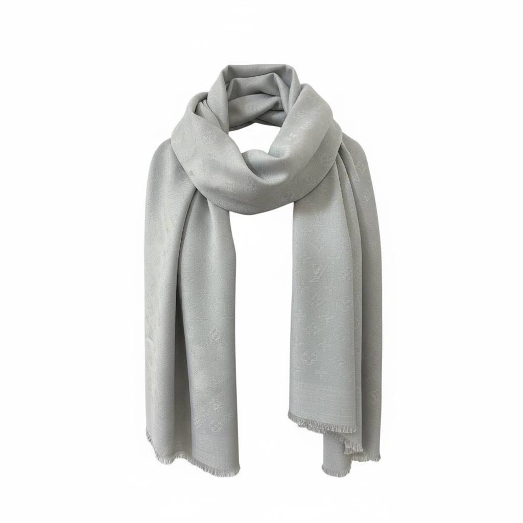 🤍✨ Louis Vuitton Grey Monogram Scarf – Elegant Luxury Everyday Essential 🧣🔥