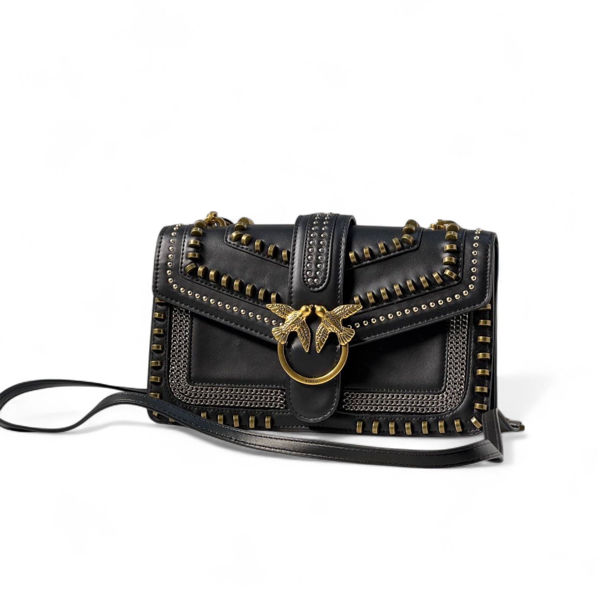 Pinko Black Whipstitch Love Bag 🖤✨ – Edgy Elegance with Gold Attitude