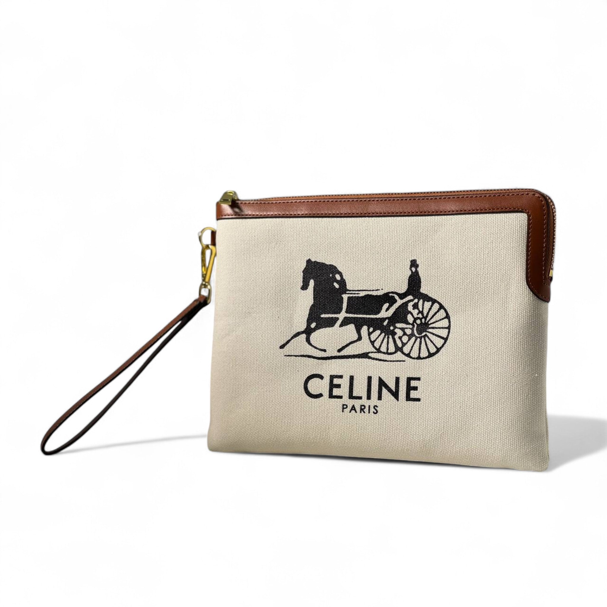 Celine Canvas Wristlet Pouch – Carriage Logo Parisian Chic 🐎✨