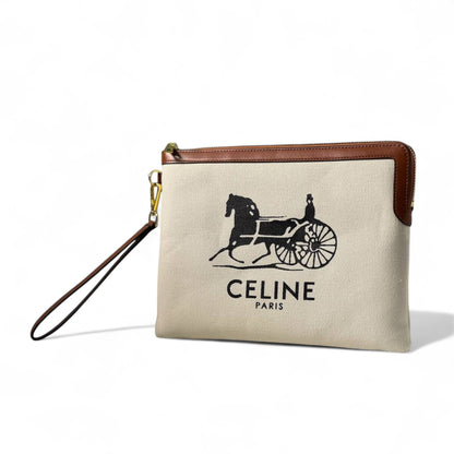 Celine Canvas Wristlet Pouch – Carriage Logo Parisian Chic 🐎✨