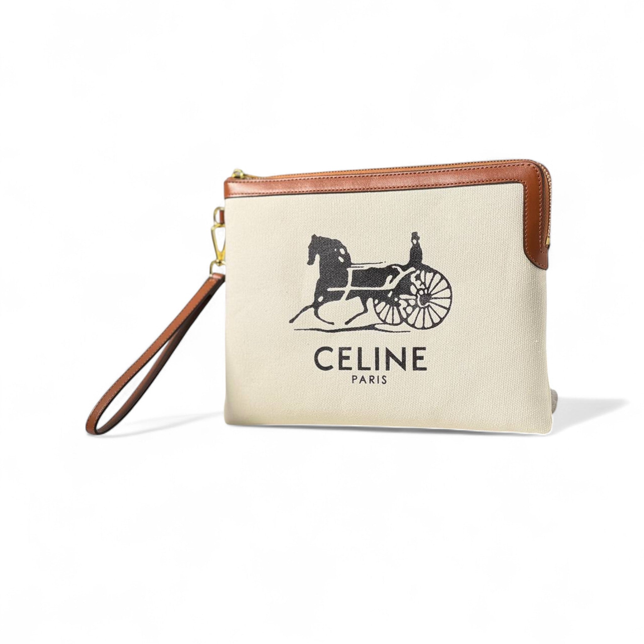 Celine Canvas Wristlet Pouch – Carriage Logo Parisian Chic 🐎✨