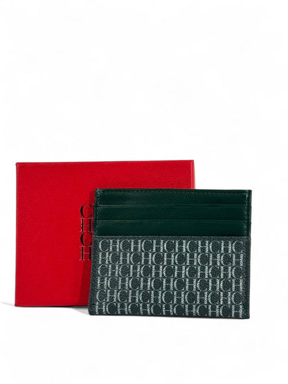 Carolina Herrera CH Monogram Leather Card Holder – Green with Red Gift Box
