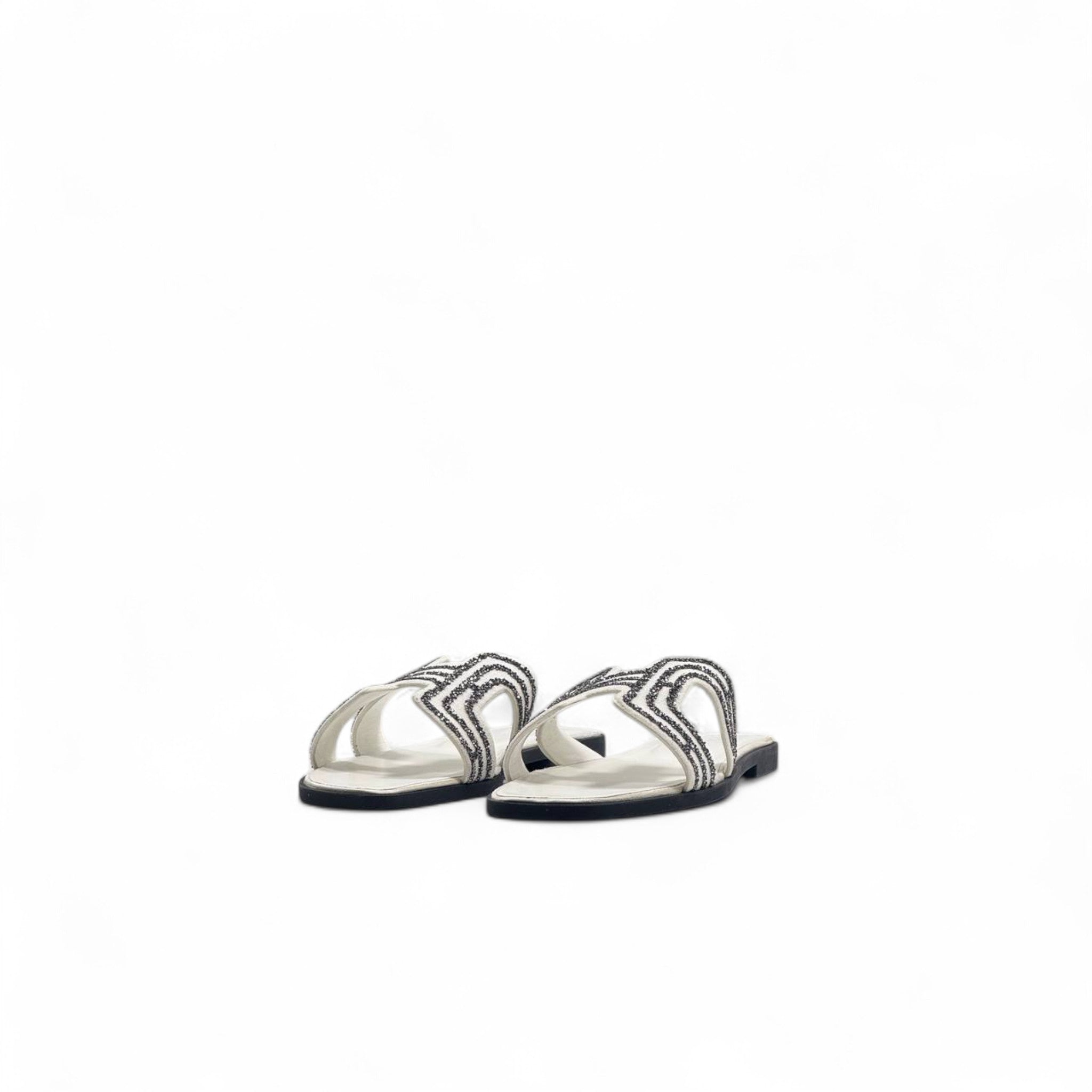 Hermès H-Style Glitter Slippers – Elegant White Designer Flats with Box