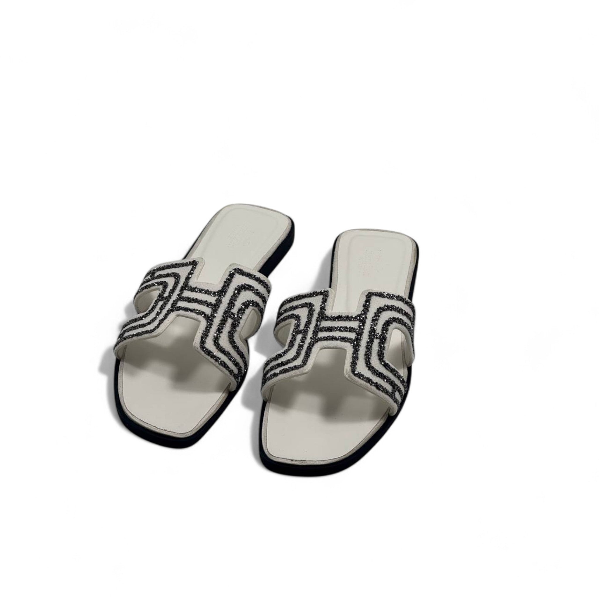 Hermès H-Style Glitter Slippers – Elegant White Designer Flats with Box