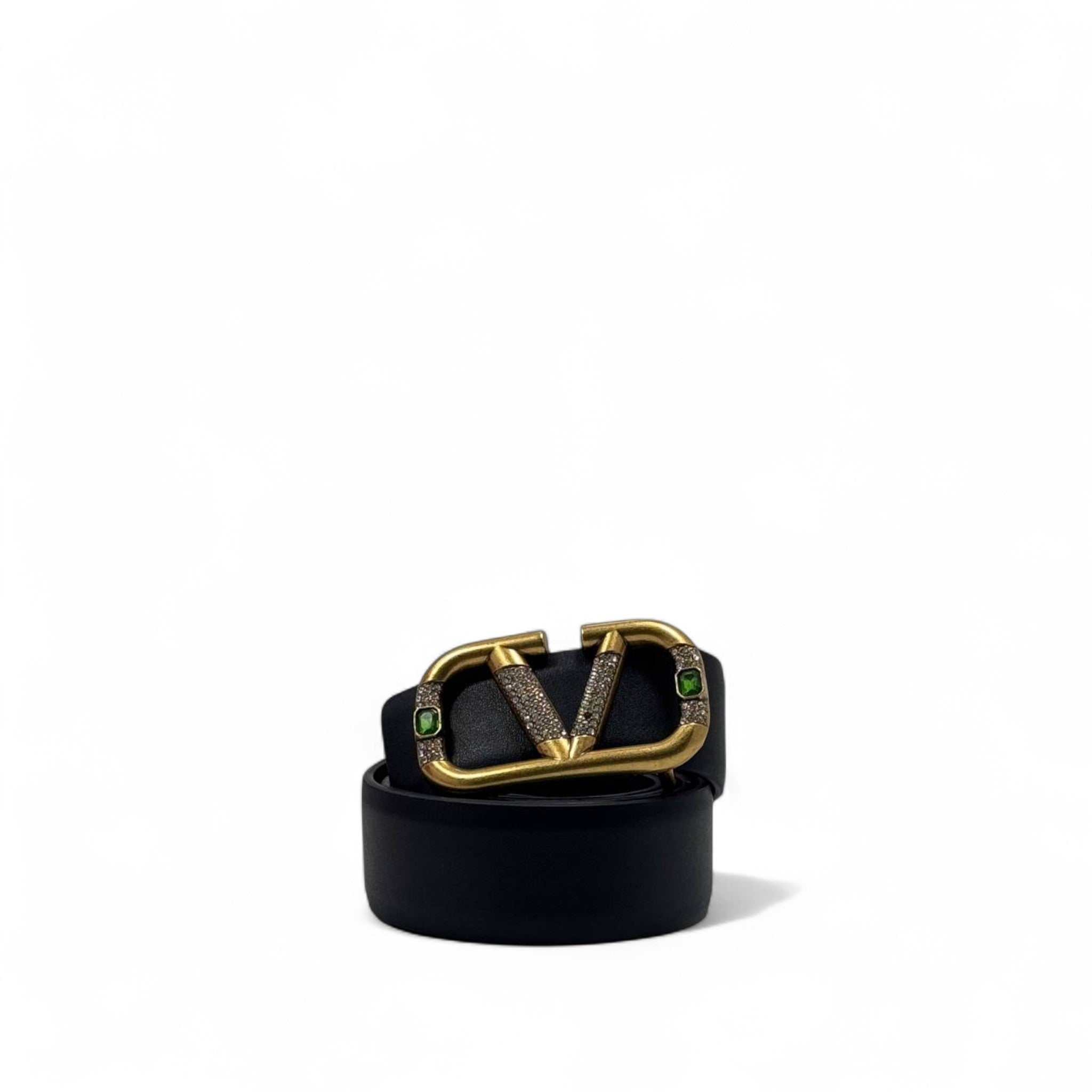 Valentino Black Leather Belt – Gold V Buckle with Emerald Detail | 130cm with Box 💎