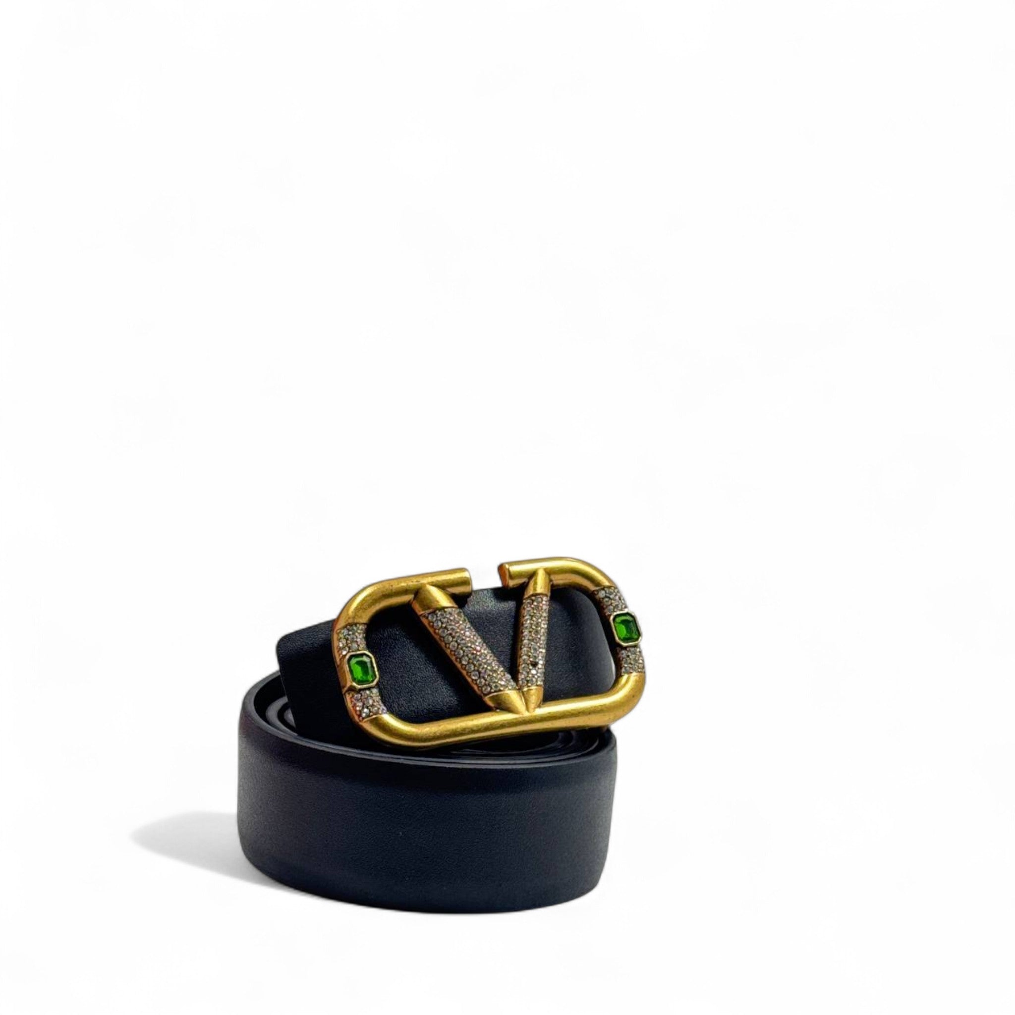 Valentino Black Leather Belt – Gold V Buckle with Emerald Detail | 130cm with Box 💎
