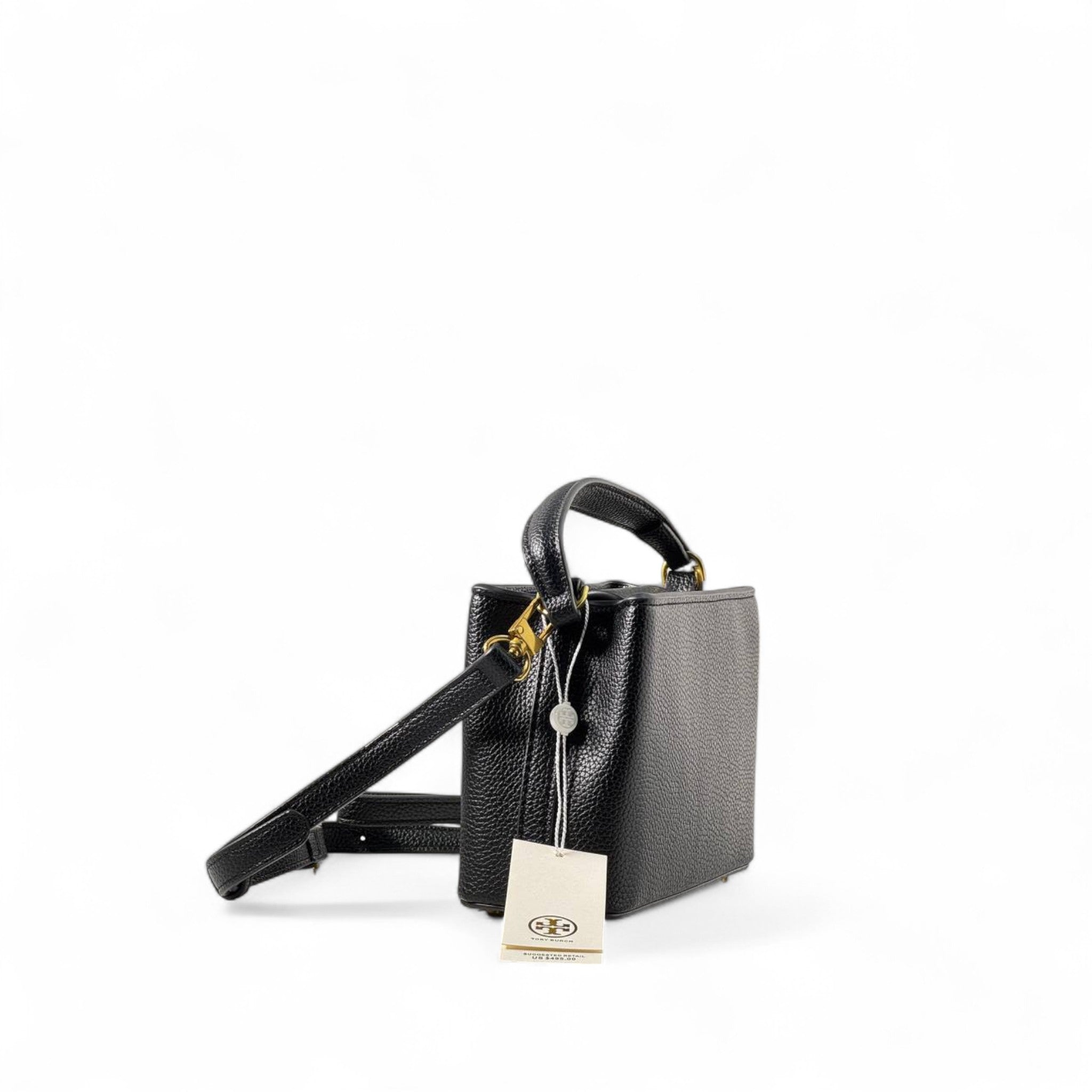 🖤 Tory Burch Black Leather Mini Bag – Gold Logo | Crossbody & Top Handle Elegance