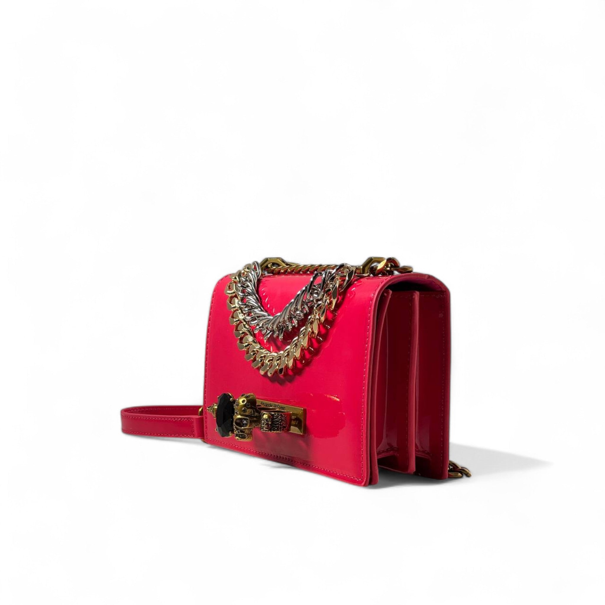 ❤️ Alexander McQueen Red Skull Chain Bag – Patent Leather Luxury | Gold & Silver Chains