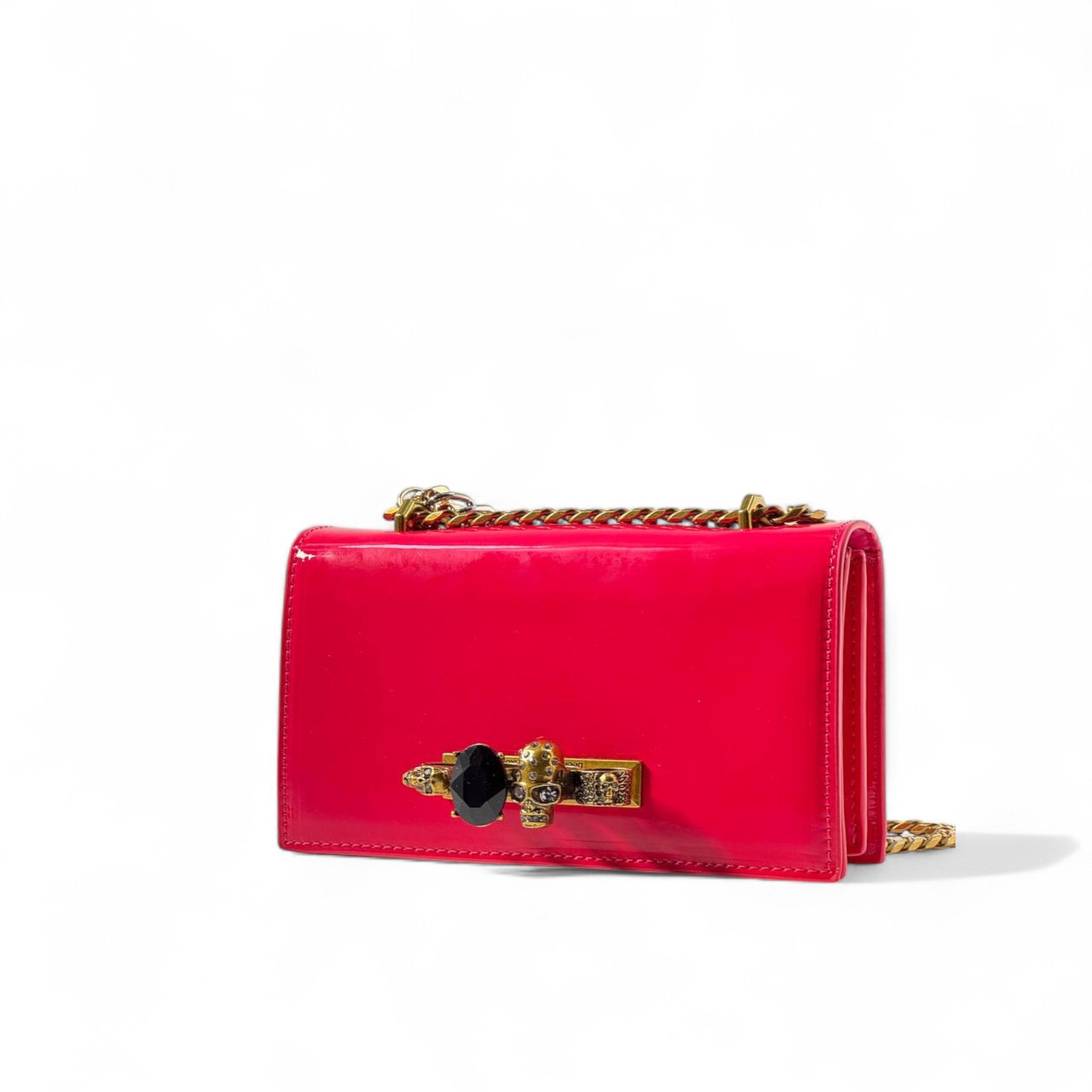 ❤️ Alexander McQueen Red Skull Chain Bag – Patent Leather Luxury | Gold & Silver Chains