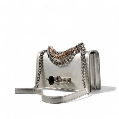 ⚡ Alexander McQueen Silver Skull Clasp Chain Bag – Metallic Glam | Luxe Crystal Detail