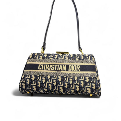 💙 Christian Dior Oblique Jacquard Bag – Navy & Beige | Signature Dior Paris Top Handle