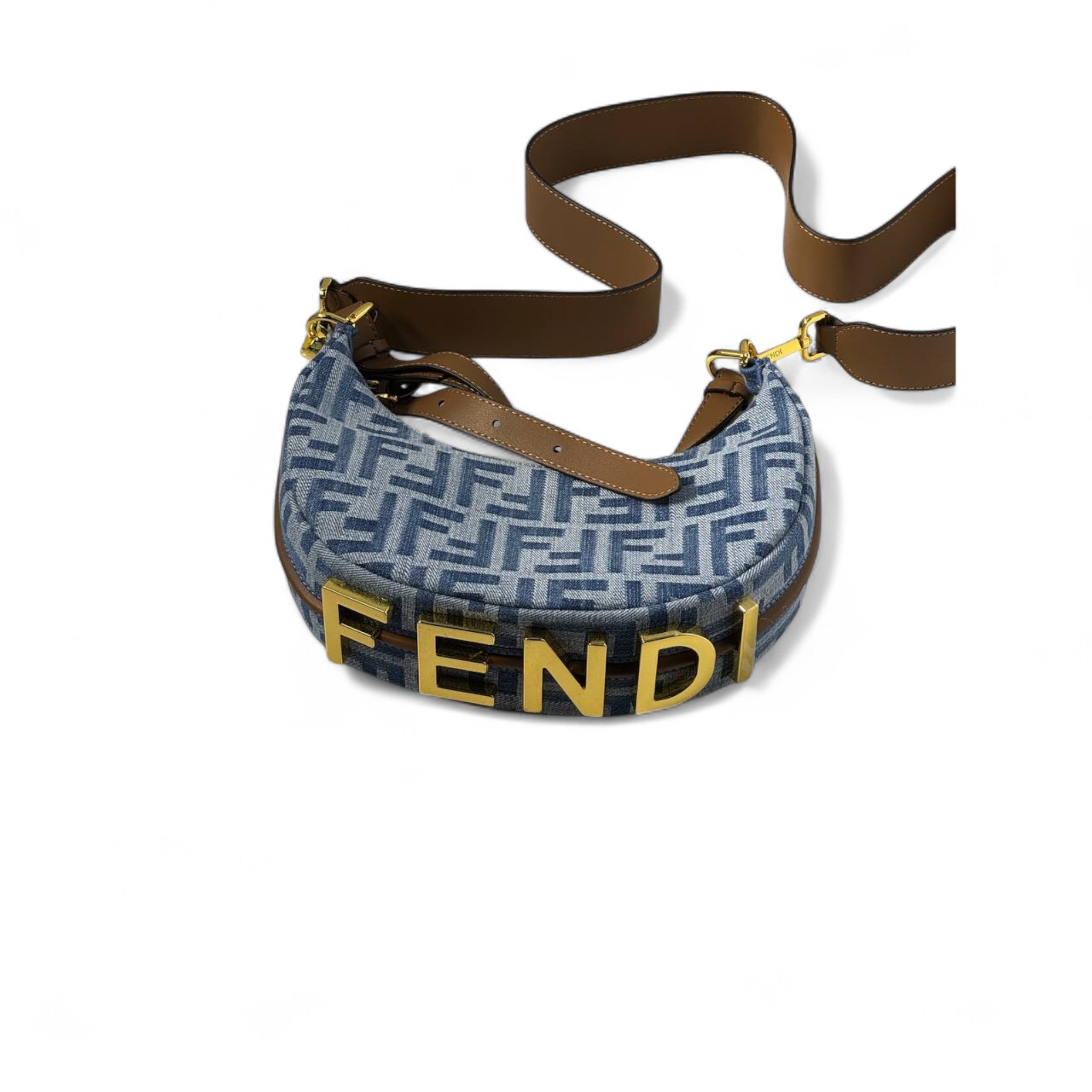 💙 Fendi Denim Baguette Shoulder Bag – FF Monogram & Gold Logo | Wide Strap Luxury Style