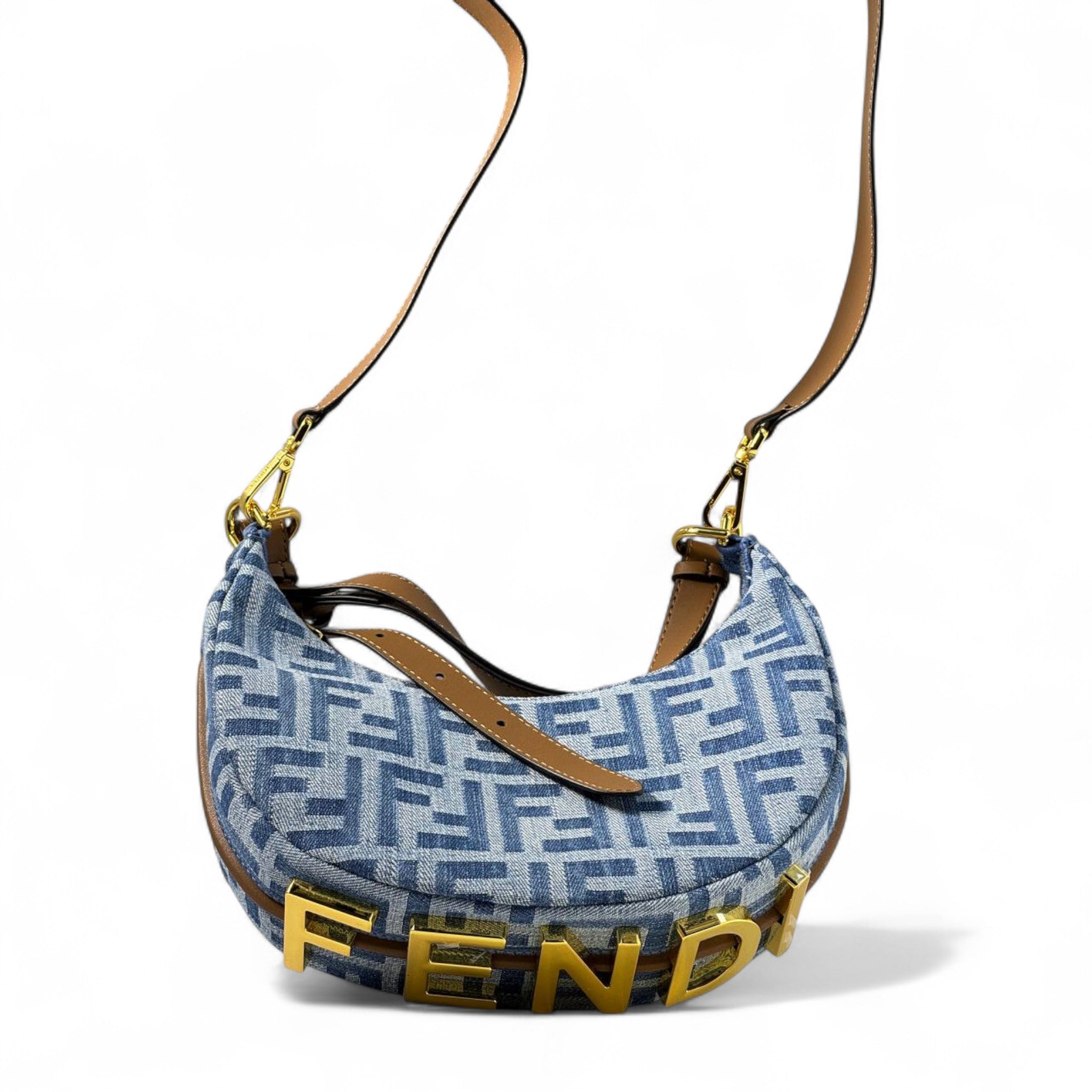 💙 Fendi Denim Baguette Shoulder Bag – FF Monogram & Gold Logo | Wide Strap Luxury Style