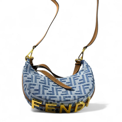 💙 Fendi Denim Baguette Shoulder Bag – FF Monogram & Gold Logo | Wide Strap Luxury Style