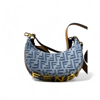 💙 Fendi Denim Baguette Shoulder Bag – FF Monogram & Gold Logo | Wide Strap Luxury Style