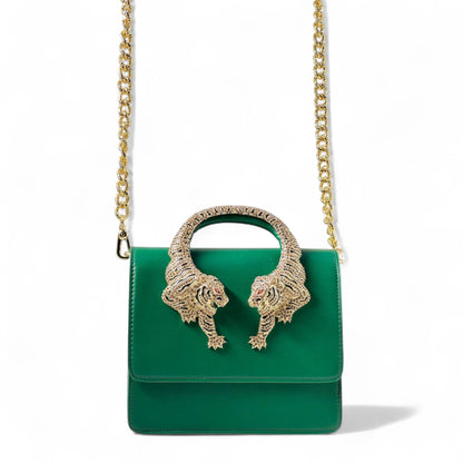 🐅 Roberto Cavalli Green Tiger Handle Bag – Jeweled Top Handle & Gold Chain | Iconic Italian Luxur