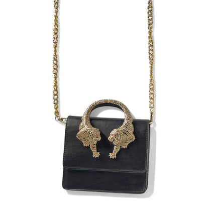 🖤 Roberto Cavalli Black Tiger Handle Bag – Jeweled Top Handle & Gold Chain | Bold Luxury Icon