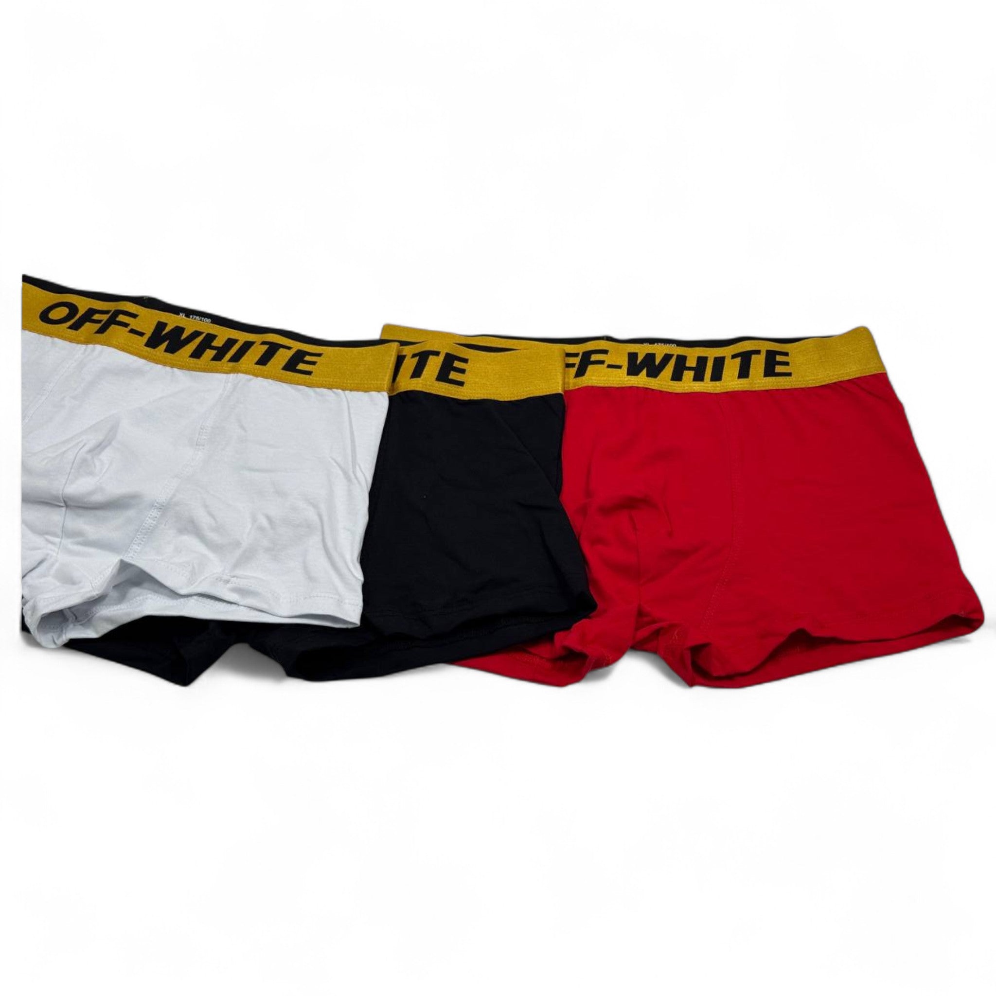 Off-White Men’s Boxer Set – 3-Pack Yellow Waistband Edition (White, Black, Red)