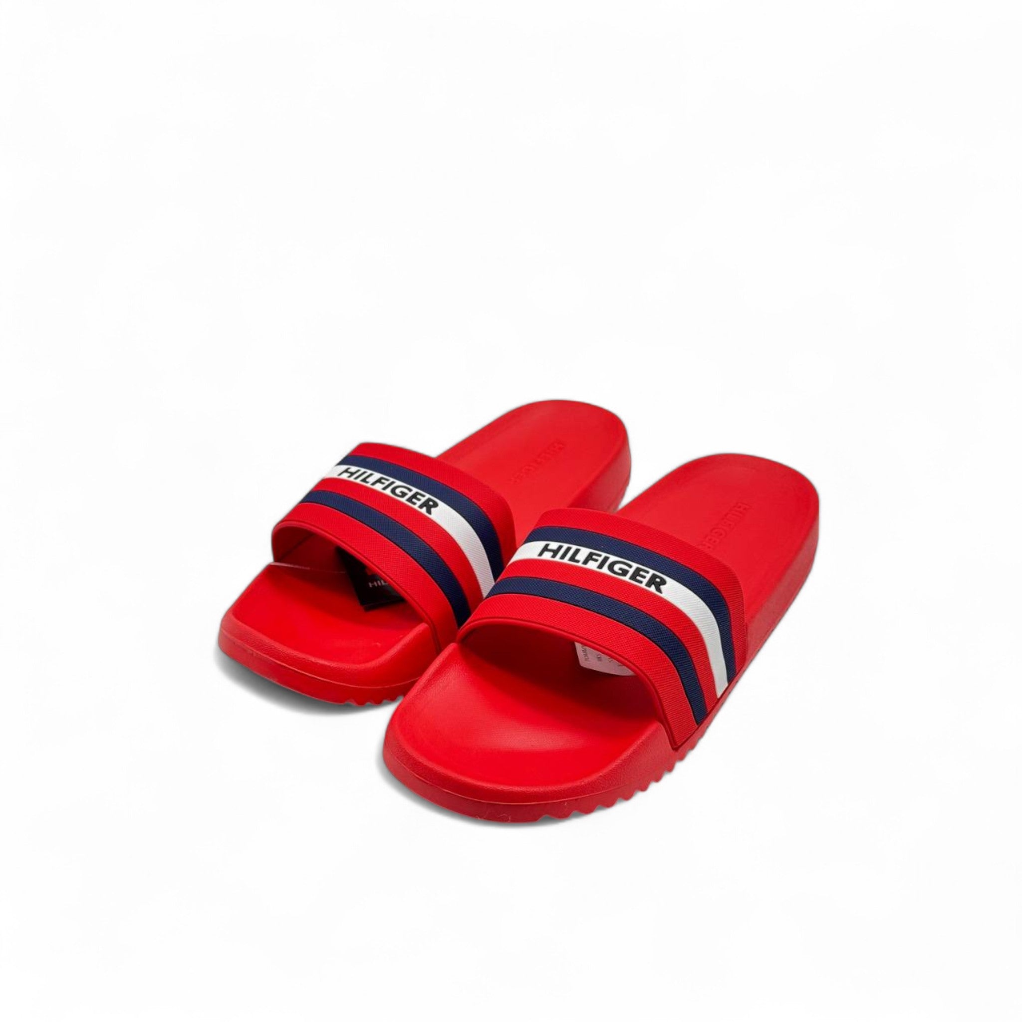 🔥 Tommy Hilfiger Red Slides – Bold Stripe Logo Strap