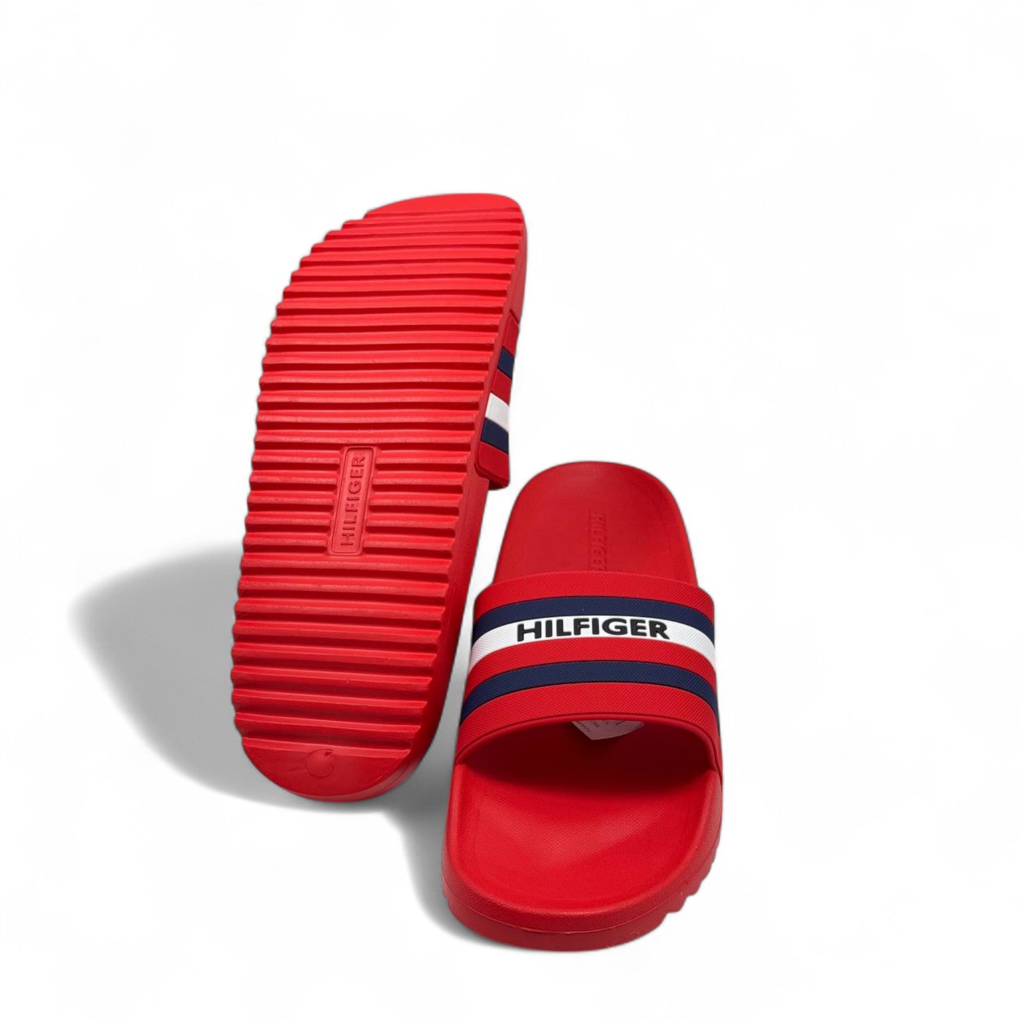 🔥 Tommy Hilfiger Red Slides – Bold Stripe Logo Strap