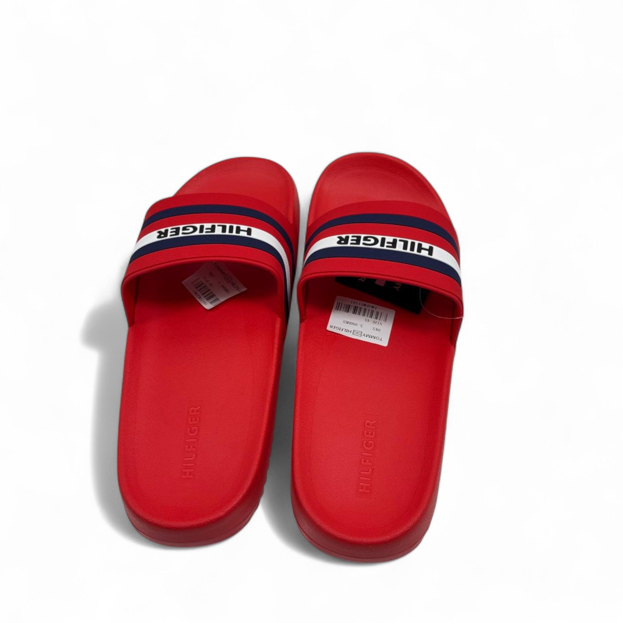 🔥 Tommy Hilfiger Red Slides – Bold Stripe Logo Strap