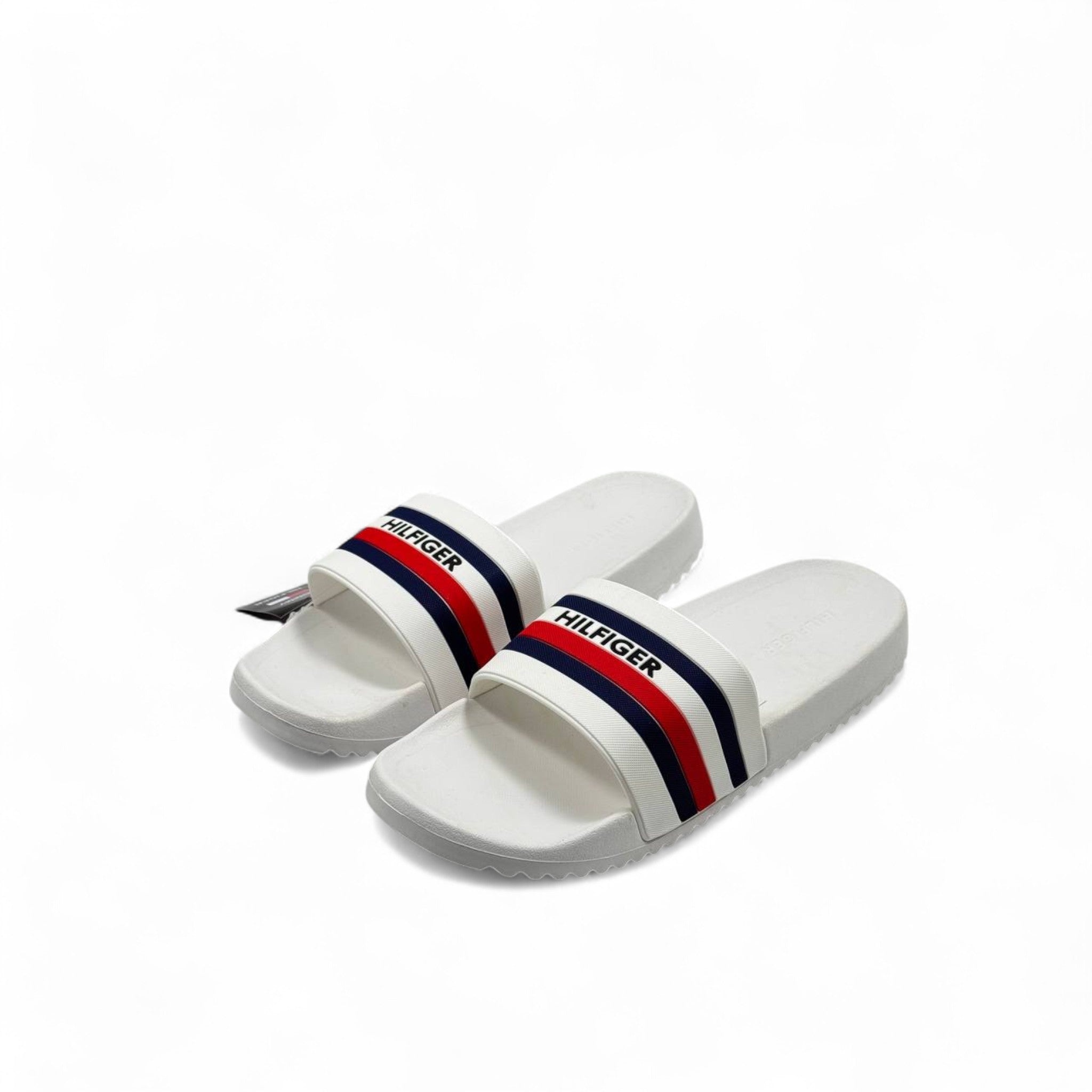 ⚪ Tommy Hilfiger White Slides – Navy & Red Stripe Logo Strap