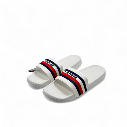 ⚪ Tommy Hilfiger White Slides – Navy & Red Stripe Logo Strap