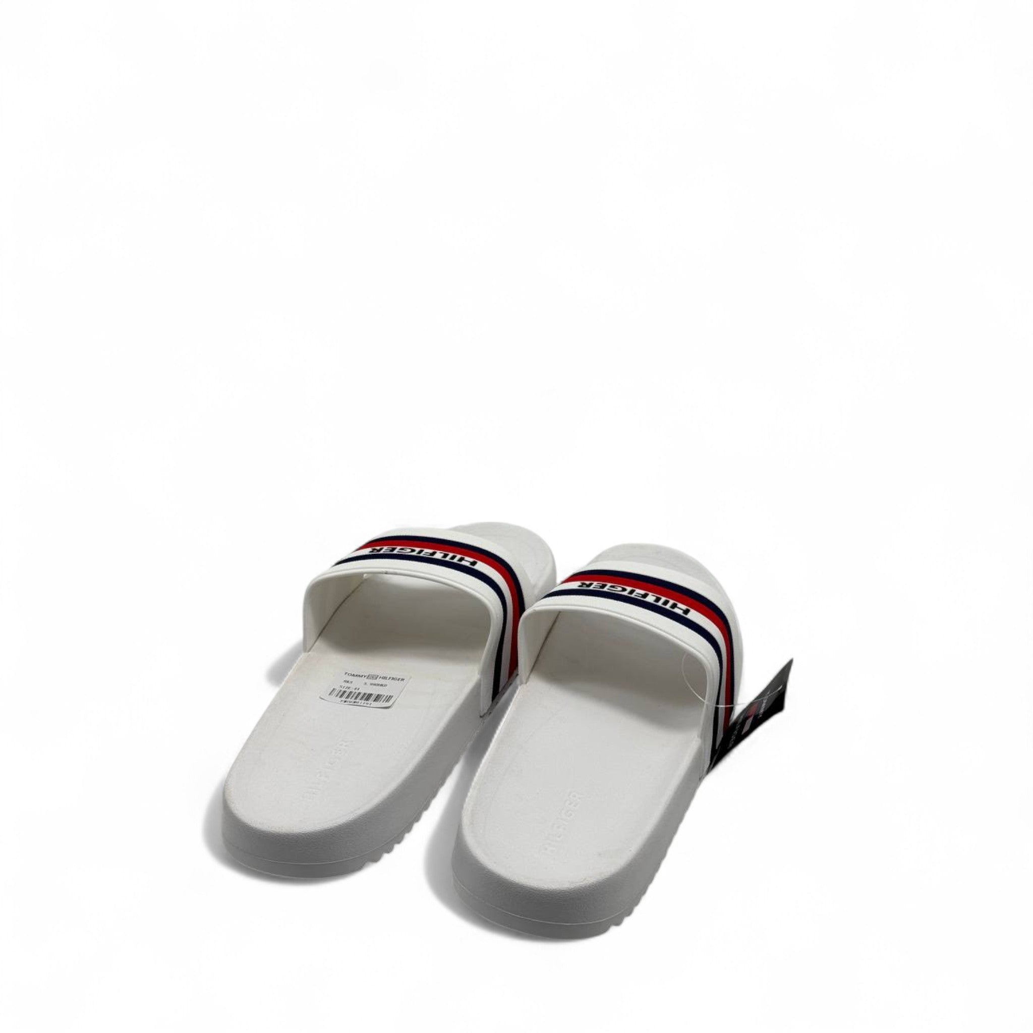 ⚪ Tommy Hilfiger White Slides – Navy & Red Stripe Logo Strap
