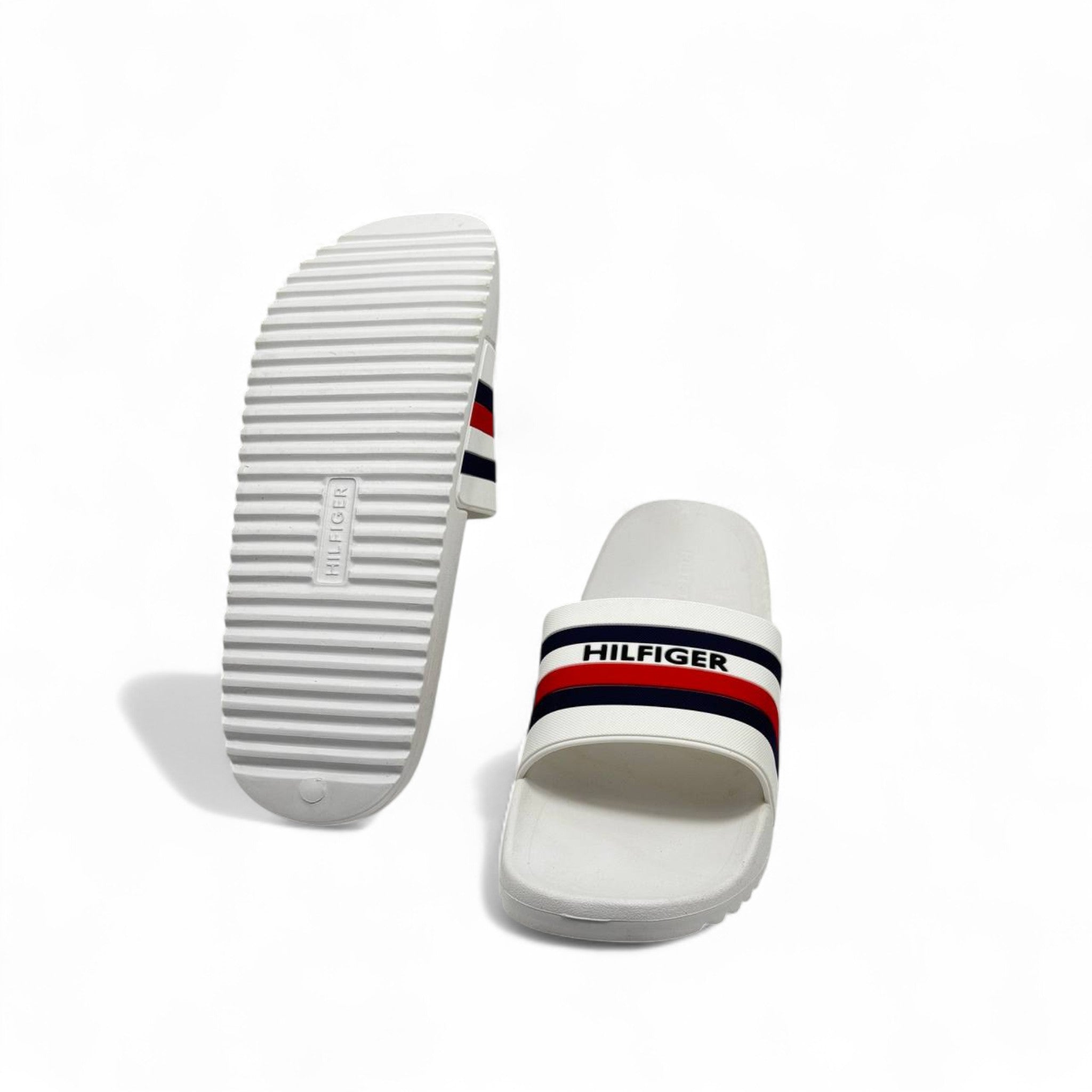 ⚪ Tommy Hilfiger White Slides – Navy & Red Stripe Logo Strap