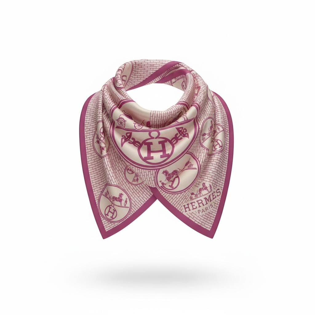 🧣 Hermès Carriage & H Silk Scarf – Iconic Heritage in Soft Pink ✨